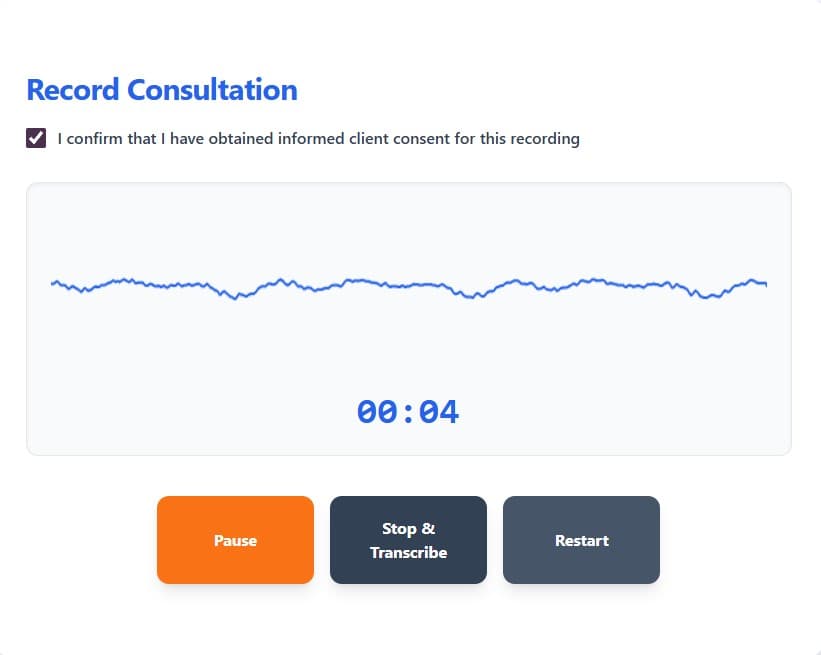 ConsultScribe dashboard: Upload audio and generate formatted report